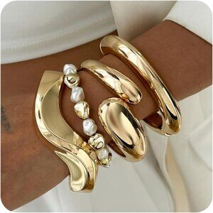 Gold Chunky Wide Bangle Bracelets Set for Women - Trendy Jewelry Gift